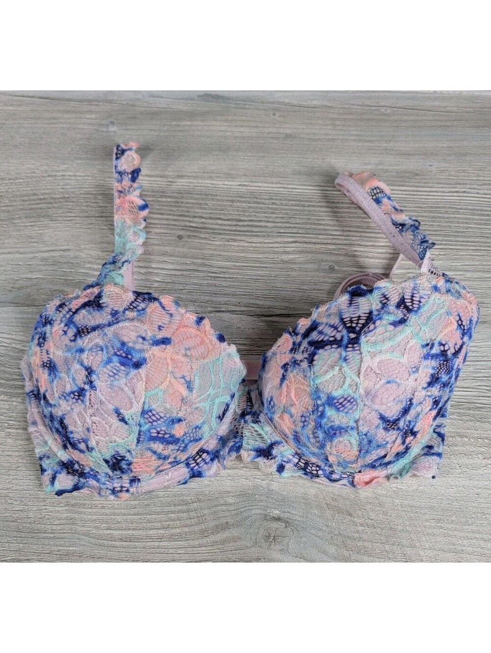 Pink Victorias Secret 32DD Pink Blue Lace Push Up Underwire Bra Floral Soft 32